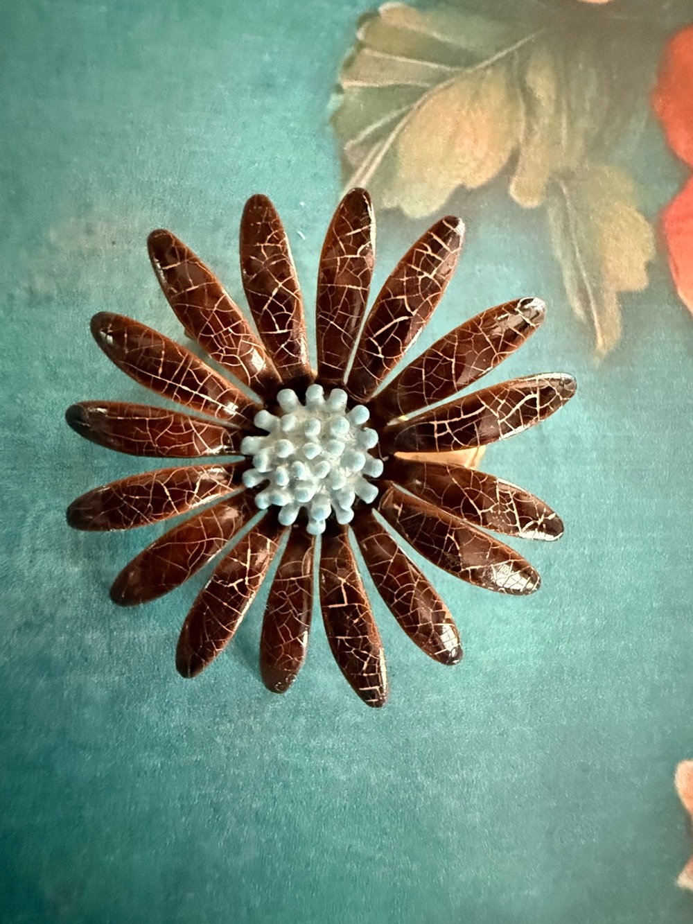 Brown Daisy Floral Brooch with Pale Blue Center - Women Accessories